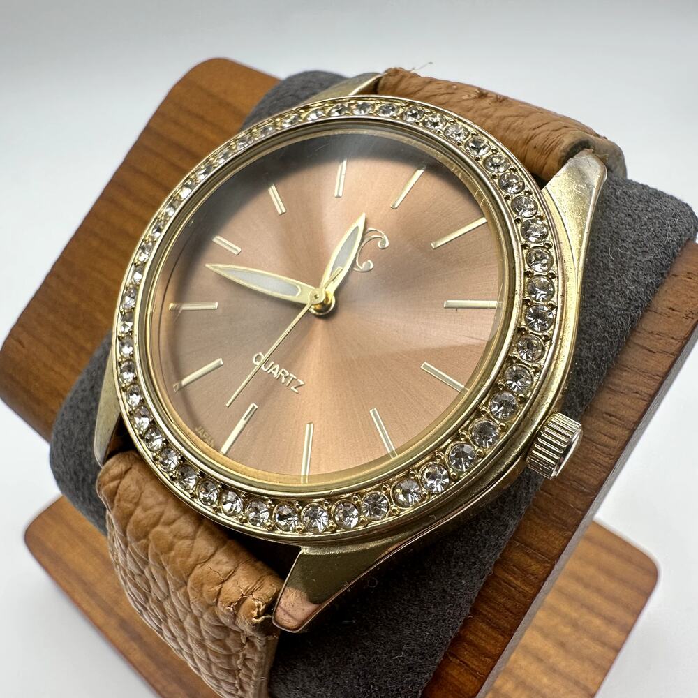 Charming Charlie Women's Gold Tone Rhinestone Bezel Quartz Watch Tan Strap